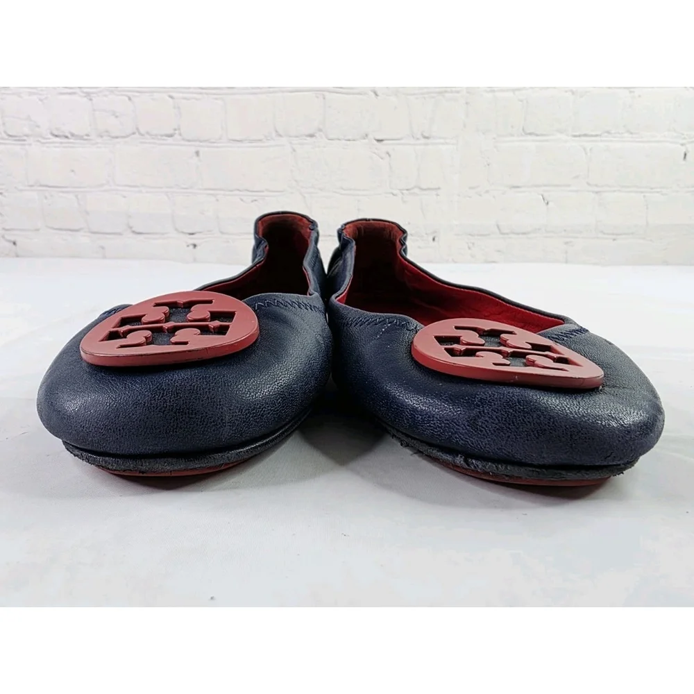 Tory Burch Minnie Travel Ballet Flats Navy Napa leather/ Nantucket Red Size 9.5 - Picture 4 of 7